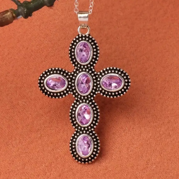 Purple Amethyst, Simulated, Retro Cross Pendant Silver Plated Necklace - Picture 2 of 8